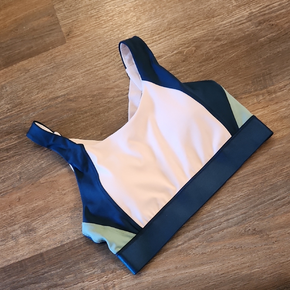 Athleta Blue and Cream Sports Bra